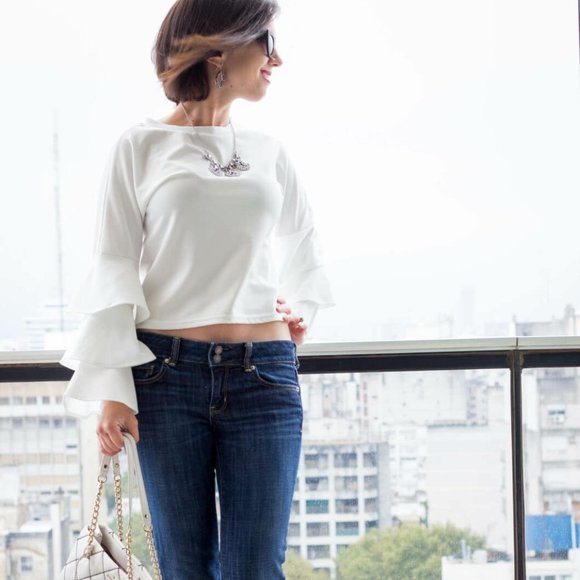 White Frill Tiered Fluted Sleeve Top - Picture 1 of 6